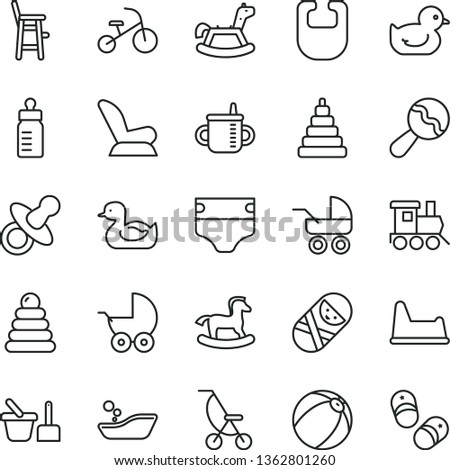 thin line vector icon set - dummy vector, mug for feeding, bottle, diaper, bib, beanbag, car child seat, baby stroller, carriage, summer, rubber duck, duckling, bath ball, children's bathroom, toy