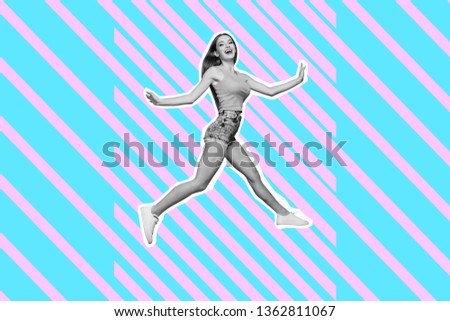 Full length body size portrait nice cute cool attractive she her lady flying air mixed into grey paint illustration sport life placard idea concept isolated colored striped lines drawing background