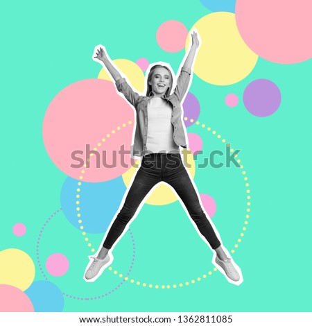 Full length body size portrait nice cute cool funky cheerful she her lady flying in air mixed into grey paint illustration sport life placard idea concept isolated colored circles drawing background