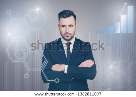 Close up virtual effected creative design stylized graphic poster photo confident he him his guy social marketing futuristic pattern presentation show new startup wear suit isolated grey background