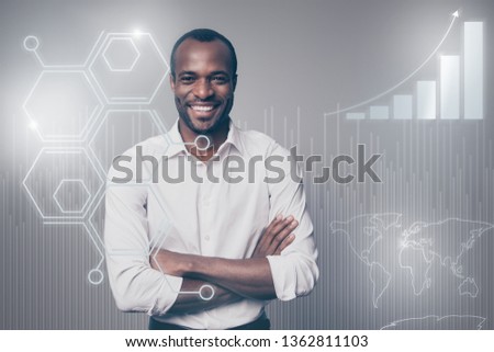 Close up virtual effected stylized graphic photo he him his guy glad introduce social marketing trading futuristic pattern new startup navigation system wear shirt isolated grey background
