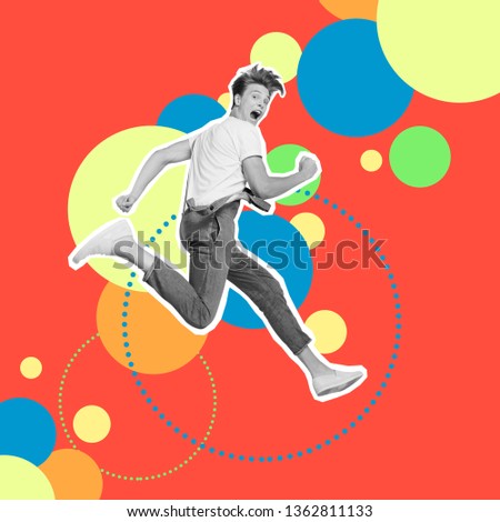 Portrait drawing he his him guy jump high rushing futuristic stylized illustration design casual jeans denim painted into grey isolated different colored circles red yellow blue green background