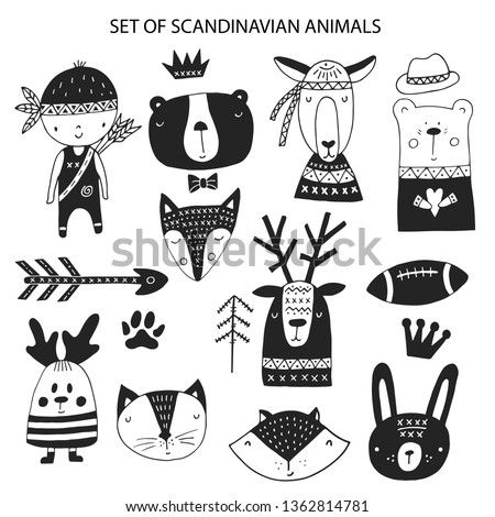 Big set of diferent cartoon animals. Cute handdrawn kids clip art collection. Vector illustration.