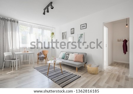 Spacious living room in scandinavian style with table, sofa and rug