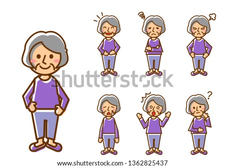 Set of various facial expressions. Whole body of elderly women character. Vector illustration.
