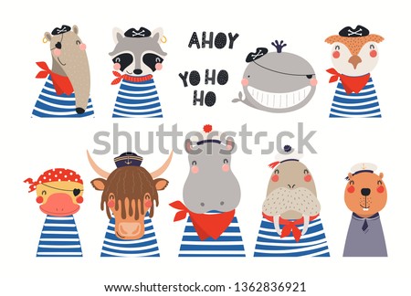 Big set of cute nautical animals in sailors, pirates costumes. Isolated objects on white background. Hand drawn vector illustration. Scandinavian style flat design. Concept for children print. Royalty-Free Stock Photo #1362836921