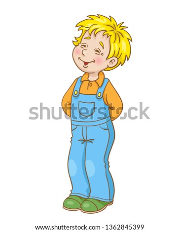 Little funny boy stands with his hands behind his back.  In cartoon style. Isolated on white background. Vector illustration.
