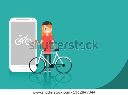Young character with bike standing near smartphone.Bike sport app.Space for your text.Flat cartoon design