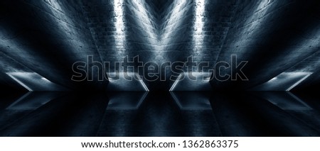 Background of an empty room with brick walls and neon lights, laser lines. 3D illustration.