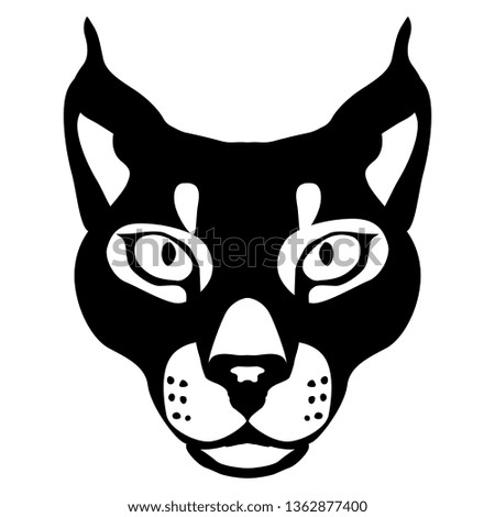 Isolated vector illustration. Stylized face of a caracal wild cat. Black and white flat silhouette. Logo style.
