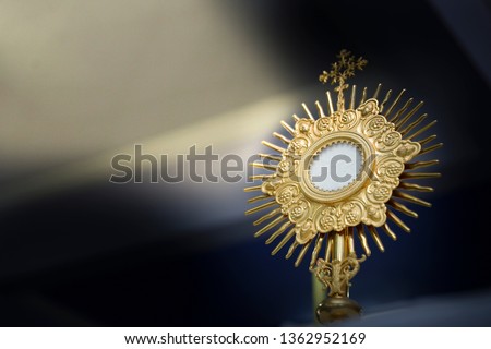 Ostensory for worship at a Catholic church ceremony - Adoration to the Blessed Sacrament - Catholic Church - Eucharistic Holy Hour Royalty-Free Stock Photo #1362952169