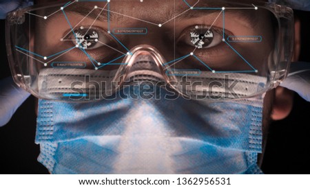 Doctor being futuristic vision with future technology glasses in hologram. immersive technology, futuristic vision and protection and security of persons.
Concept of: Formula, New technology, Future.
