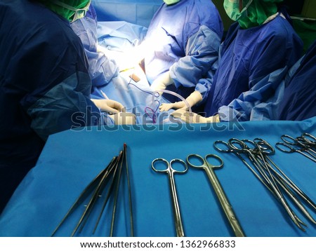 Surgical Instruments with background of operation in progress. 