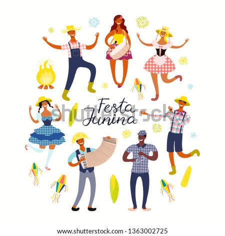 Festa Junina poster with dancing people, musicians, lanterns, Portuguese text. Isolated objects on white background. Hand drawn vector illustration. Flat style design. Concept holiday banner, flyer.