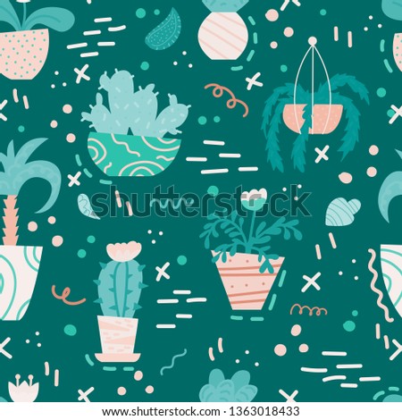Cute seamless pattern with house plants and doodles. Flowers in a pots. Hygge home. Vector background design.