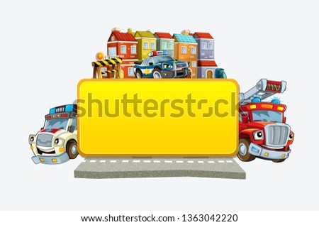 cartoon scene with banner - title page with city facade cars and street - illustration for children