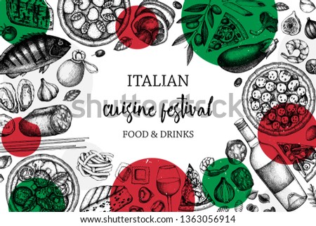 Italian food and drinks top view frame. Vintage Pizza and pasta illustration.  Engraved style design. Vector drawing for banner, packaging, poster. Festival menu template. Hand drawn outlines.