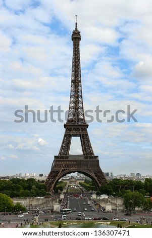 A panoramic view of the Eiffel Tower on a sunny day. Paris, France.