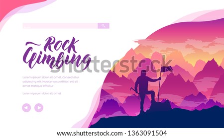 Rock climbing vector landing page template. Extreme sports, activities web banner layout with text space. Adventure holidays. Hiking, mountaineering. Mountains minimalistic landscape illustration