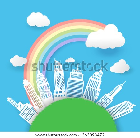 beautiful rainbow in the city scape , paper art style,vector design