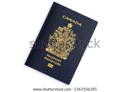 Blue biometric passport of Canada isolated on white background Royalty-Free Stock Photo #1363106285
