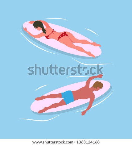 Man and woman swimming on surfboards in blue sea waters. Vector surfboarders relaxing on vacation, sunbathing in ocean on board, extreme sport