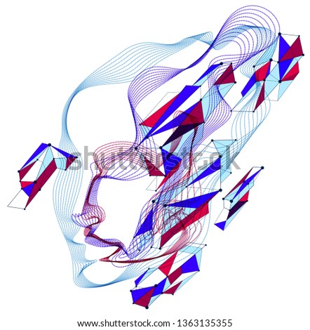 Technological time Spirit vector visualization in shape of human head made of dotted particles array flow in curve shapes, vector futuristic illustration.