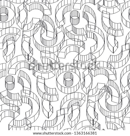 Abstract 3D vector seamless pattern. Geometric shapes outline monochrome textile ornament. Black and white volumetric labyrinth, maze background. Minimalistic wrapping paper, wallpaper design