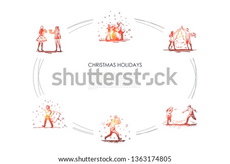 Christmas holidays - people decorating new year tree, playing with snowballs, carrying and giving presents, making snowman vector concept set. Hand drawn sketch isolated illustration