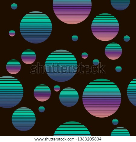 Synthwave seamless pattern with green suns. Ready to use for print and backgrounds. 
