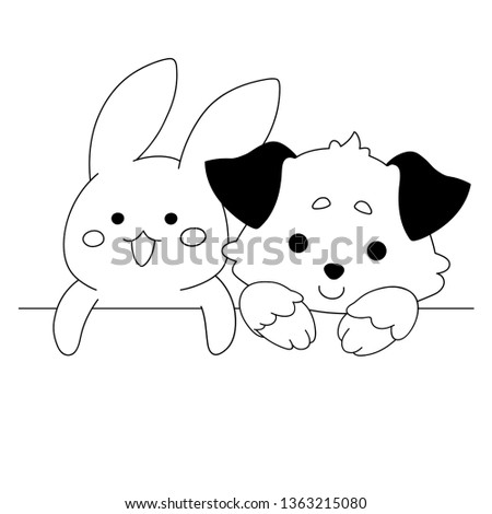 The bunny and the dog look above the line. Black and white vector illustration. The design of the title, a place for text. Cute image for coloring book, stencil, design, prints.