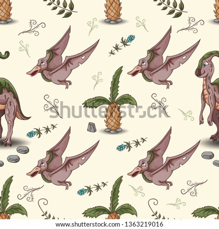 color illustration of a seamless pattern of little dinosaurs and trees, plants, rocks, for registration of a design in Doodle style vector
