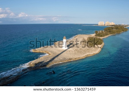 Aerial photo of an old abandoned lighthouse on a beautiful island in the Bahamas