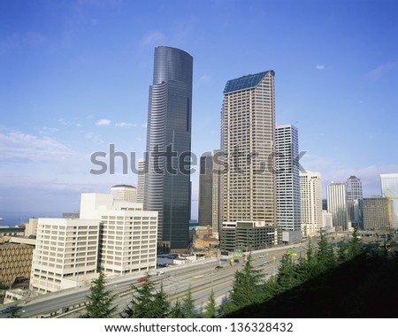 Seattle cityscape with highway, WA