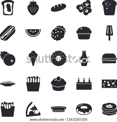 Solid vector icon set - cheese flat vector, bread, watermelon, spaghetti, hamburger, hot dog, pizza, cupcake, cake, donut, French fries, popcorn, ice cream, cranberry, Strawberry, blackberry