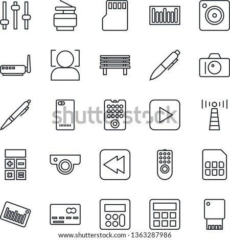 Thin Line Icon Set - antenna vector, credit card, camera, calculator, pen, bench, barcode, play button, rewind, phone back, mobile, tuning, sd, sim, face id, copier, remote control, router, web