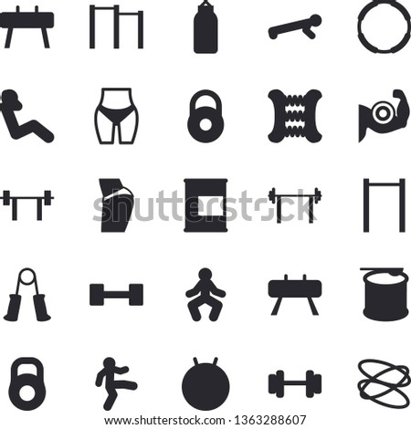 Solid vector icon set - dumbbell flat vector, barbell, weight, muscles, buttocks, waistline, carpal expander, parallel bars, sports equipment horse, pear, fitball, gymnastics, push up, swing press
