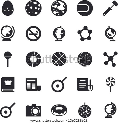 Solid vector icon set - teflon flat vector, kitchen egg timer, meat hammer, cookbook, donut, lollipop, molecules, clircle diagram, document, moon, globe, basketball, tennis ball, disco fector