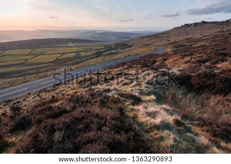 Beautiful early spring sunset in Peak District at Stanage Edge near Hathersage, Derbyshire - March 2019 Royalty-Free Stock Photo #1363290893