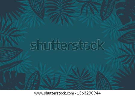 Dark emerald and aquamarine horizontal frame of overlapping tropical leaves with copy space center. Trendy deep blue exotic greenery border for summer greeting cards, banner design, wedding invitation