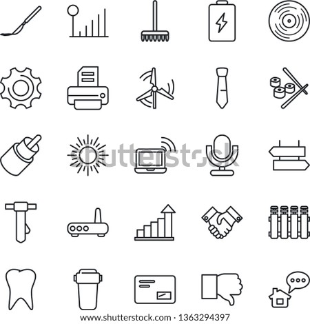 Thin Line Icon Set - signpost vector, wireless notebook, sun, growth statistic, tie, printer, rake, scalpel, tooth, vinyl, microphone, finger down, mail, rca, settings, cellular signal, handshake