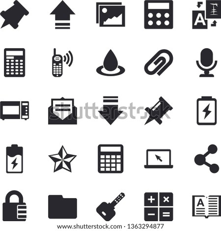 Solid vector icon set - microwave flat vector, battery, drop, phone call, calculator, computer file, laptop, pushpin, share, gallery, download, upload, translate, clip, drawing pin, message, lock