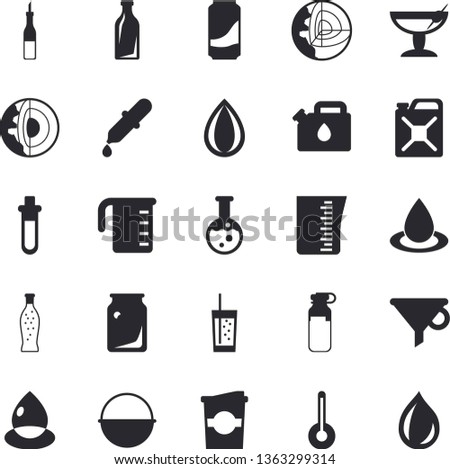 Solid vector icon set - cauldron flat vector, meashuring cup, temperature, sauce, lemonade, soda, coffe, drop, canister, glass bottles, funnel, pipette, ampoule, flask, beakers, cocktail