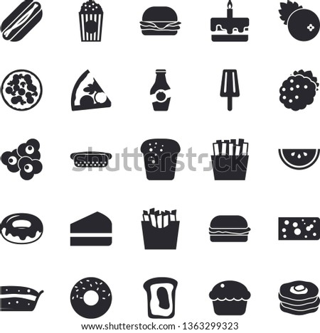 Solid vector icon set - cheese flat vector, bread, watermelon, hamburger, hot dog, pizza, cupcake, piece of cake, donut, French fries, popcorn, ice cream, cranberry, blackberry, ketchup, sandwich