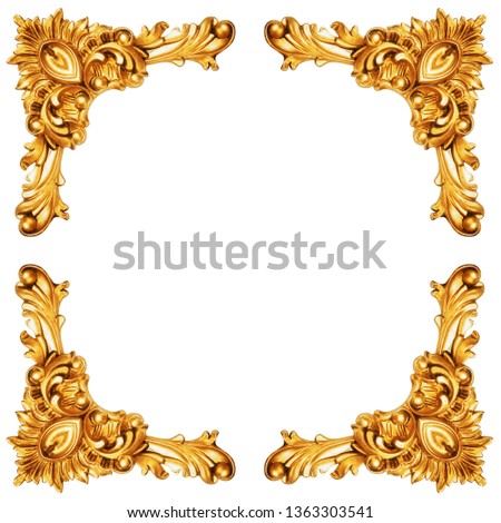 Golden elements of carved frame isolated on white, including clipping path