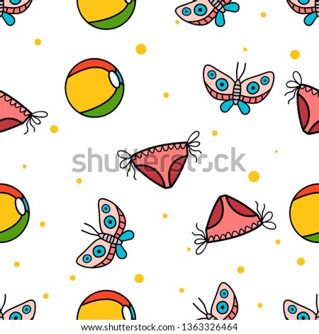Seamless Pattern of Butterfly, Beachball and bikini hand drawn in cute colorfull doodle vector