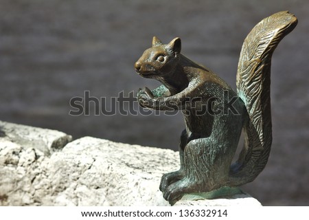 Statue of a squirrel on the border of a stone well