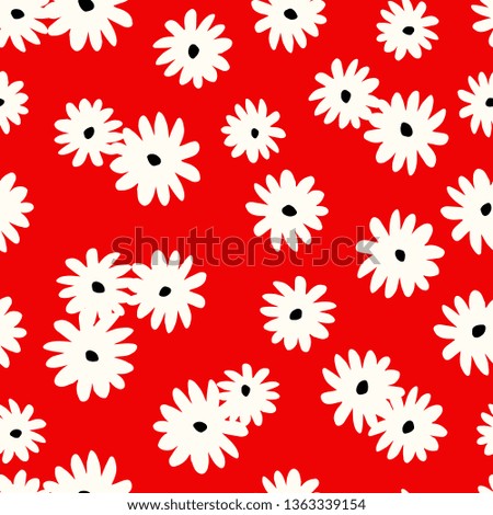 Floral seamless pattern in black and white on red background.