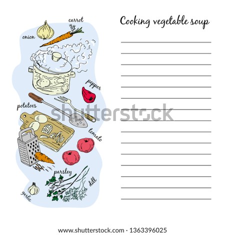 Vegetable soup is cooked in a saucepan, soup recipe. Hand-drawn vector illustration