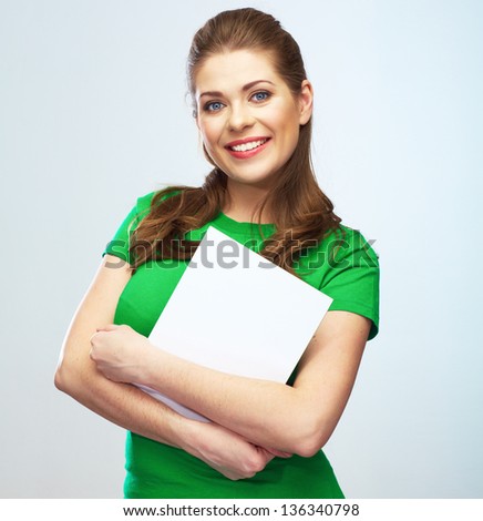 Woman holding blank poster isolated studio portrait.